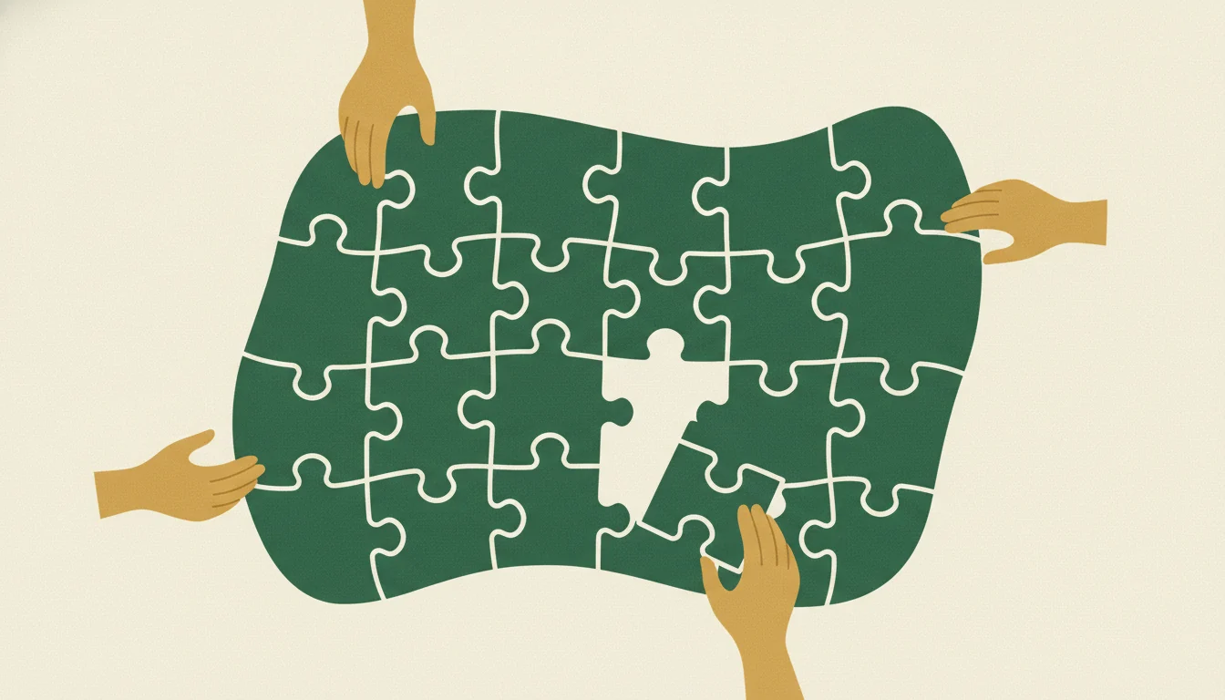 Ilustrace: pozemek skládaný z dílků jako puzzle více vlastníky